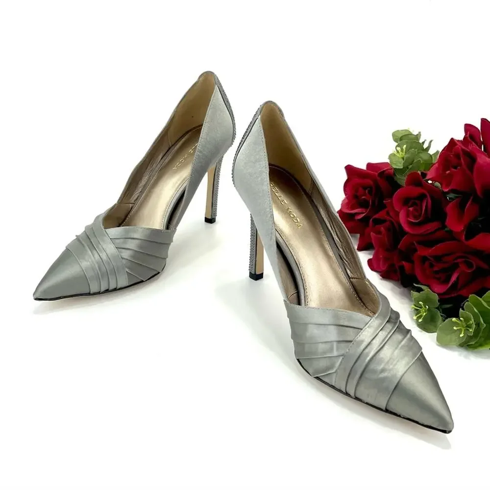 Pelle Moda Stiletto Pump Silver/Gray Satin Sparkly Rhinestone Along The Heel New